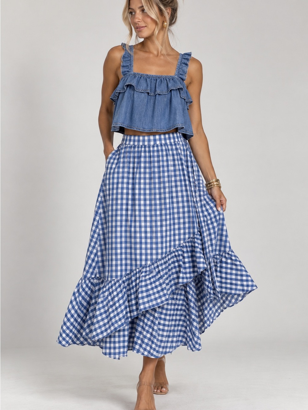 J. Crew Blue Gingham Ruffle Maxi Skirt